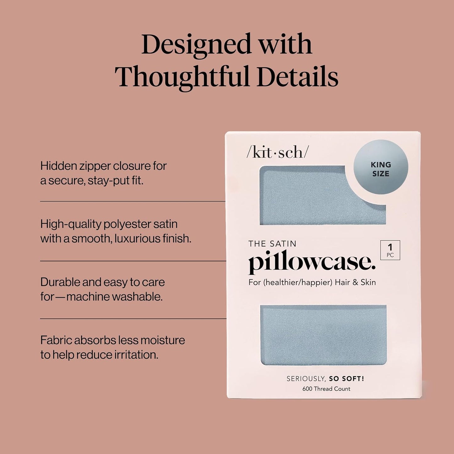 Kitsch Satin Pillowcase with Zipper for Hair & Skin - Softer Than Silk Pillow Cases, Smooth Cooling Satin Pillow Case, Wrinkle-Free, Machine Washable - Pillow Cases Standard Size (19x26) - Blush