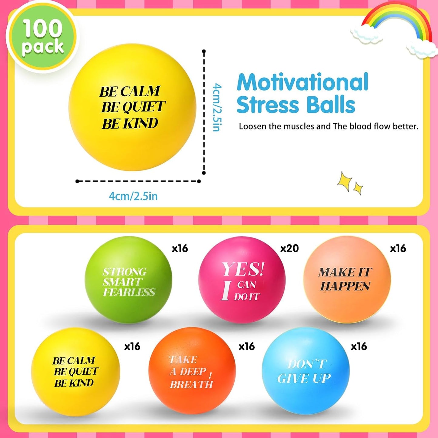 Sotiff 100 Pcs Stress Balls Bulk for Adults Colorful Foam Stress Relief Gift Toys with Motivational Quotes Squeeze Balls for Office Relief Employee Appreciation (Ten Colors,Inspirational)