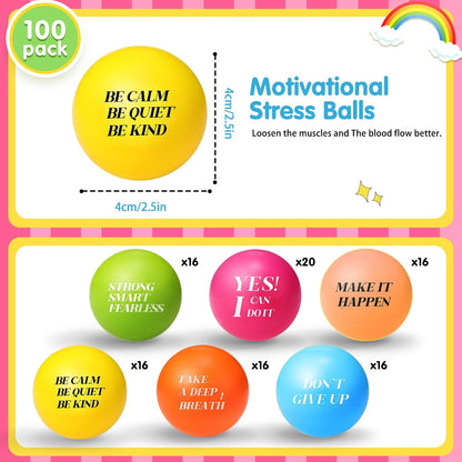 Sotiff 100 Pcs Stress Balls Bulk for Adults Colorful Foam Stress Relief Gift Toys with Motivational Quotes Squeeze Balls for Office Relief Employee Appreciation (Ten Colors,Inspirational)