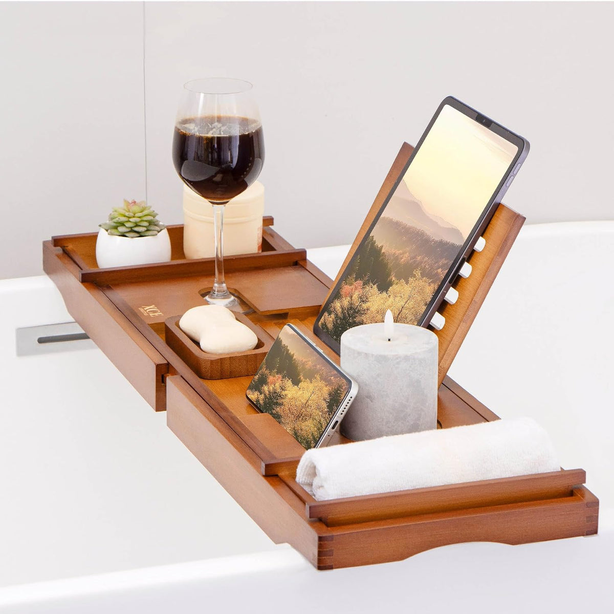 XcE Bamboo Bathtub Caddy Tray with Book Stand & Soap Holder, Brown