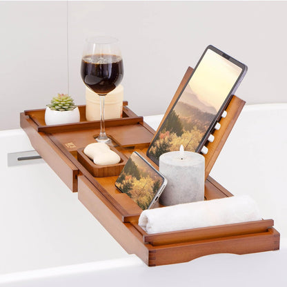 XcE Bamboo Bathtub Caddy Tray with Book Stand & Soap Holder, Brown