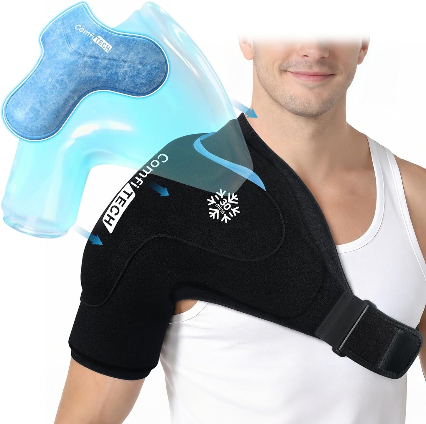 ComfiTECH Dual-Gel Shoulder Ice Pack Wrap with 30-Min Cooling for Muscle Comfort, Adjustable Rotator Cuff Shoulder Brace for Surgery Recovery, Flexible Cold Compression Sleeve for Baseball & Tennis, L