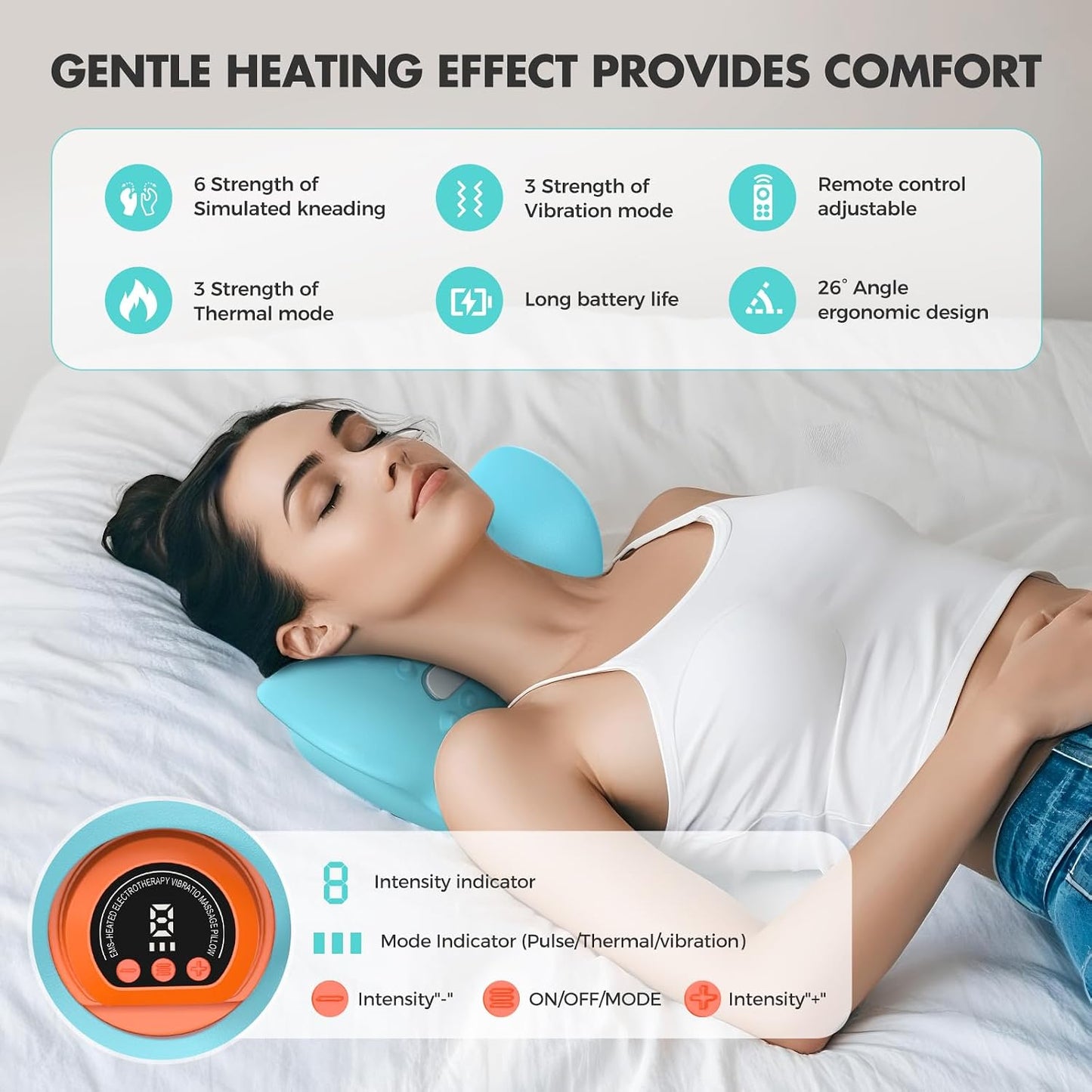 Smedz Neck Massager 2026, 4-in-1 Neck & Shoulder Massager with Multi-Directional Stretch, Heating & Vibration, 360° Remote Control–Ergonomic for Home, Office, Car Travel‌（Sky Blue‌）