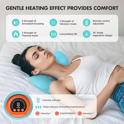 Smedz Neck Massager 2026, 4-in-1 Neck & Shoulder Massager with Multi-Directional Stretch, Heating & Vibration, 360° Remote Control–Ergonomic for Home, Office, Car Travel‌（Sky Blue‌）