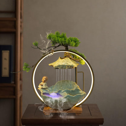 Mini Artificial Bonsai Tree Waterfall Fog Feature Rock Tabletop Fountain | 11in Desktop Decor Waterfall Fountain W/ Water Pump& Atomizer&LED Lights &Fake Tree Office Bedroom Relax