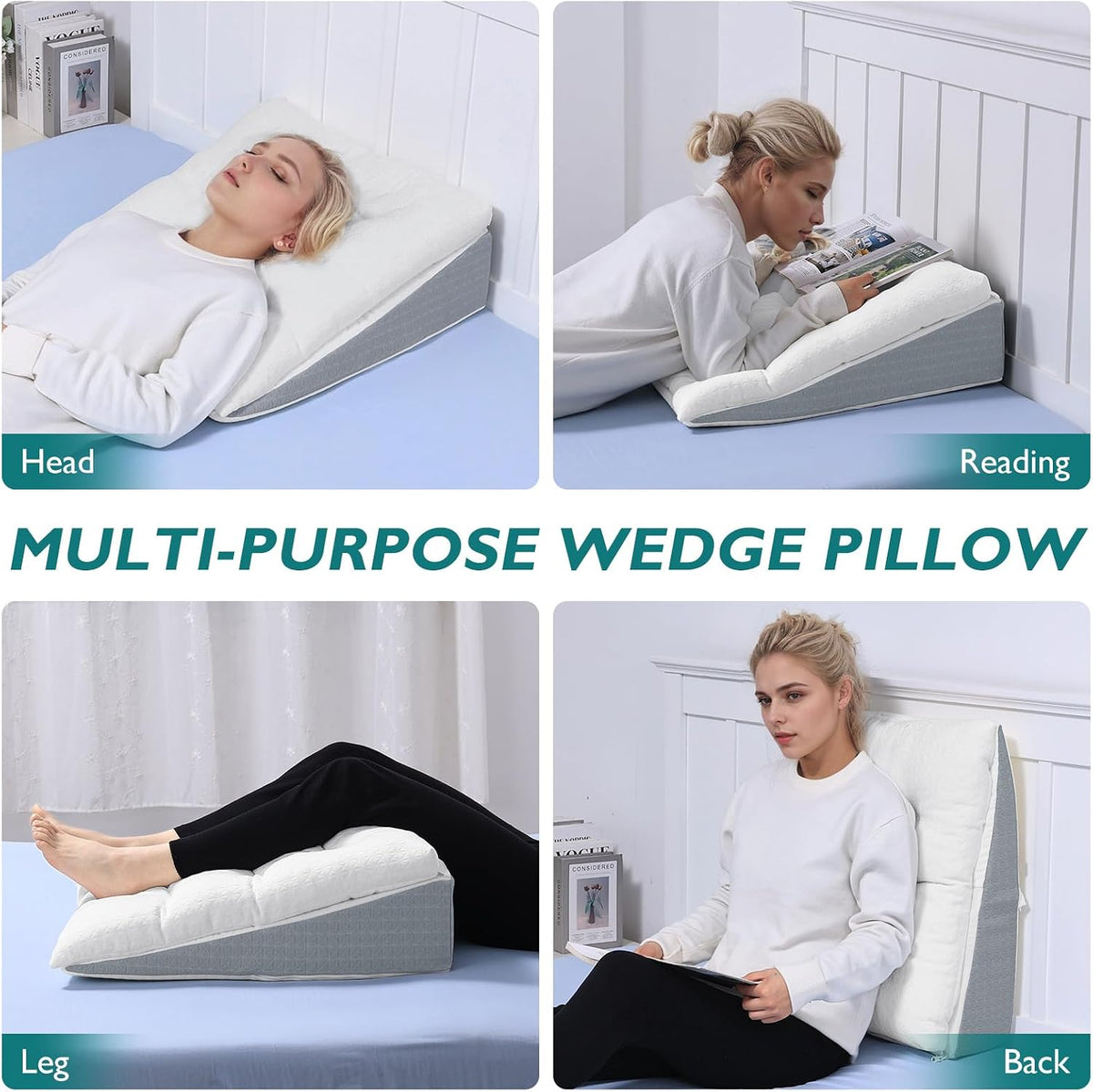 Bed Wedge Pillow for Sleep Apnea 7.5Inch Gerd Pillow Patent Dual Layer Triangle Pillow Adjustable Shredded Memory Foam Topper Soft Support Ideal for Acid Reflux, After Surgery, Snoring
