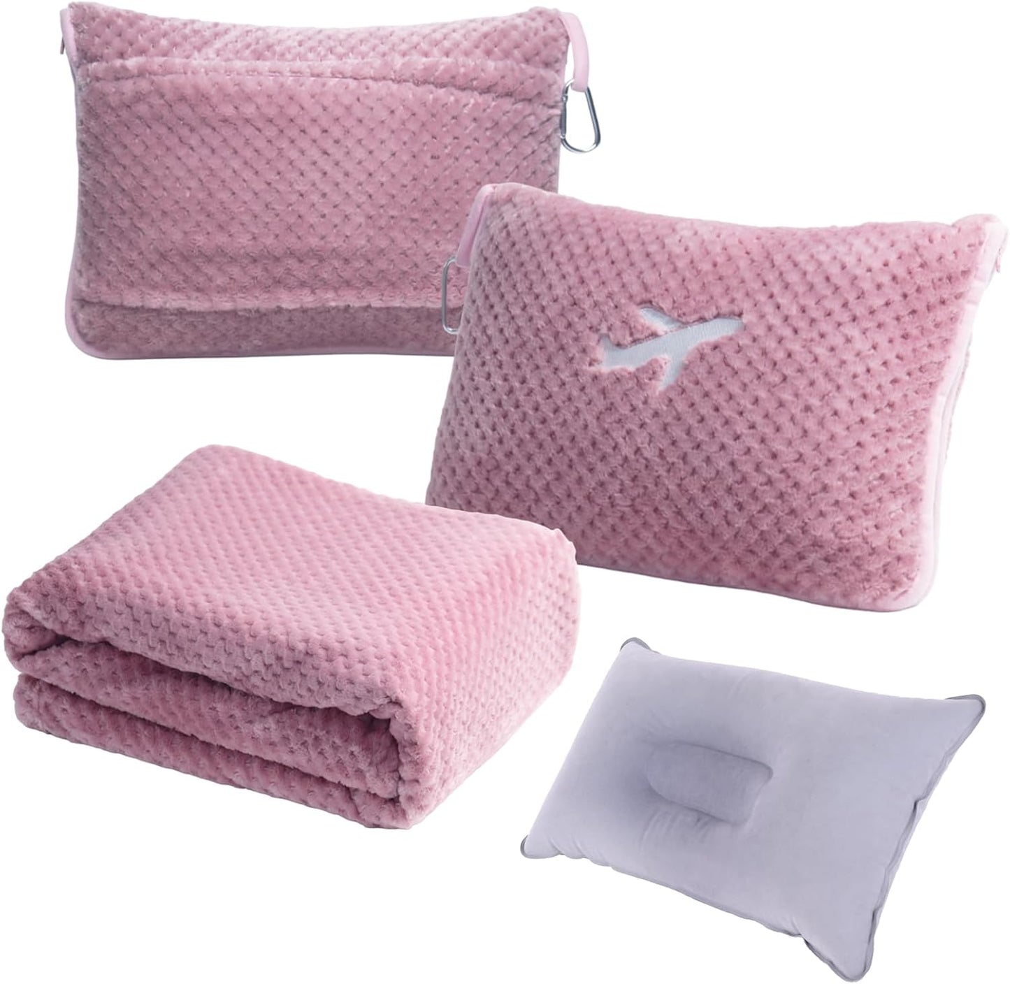 3 in 1 Travel Blanket Pillow Set - 350 GSM Thick Travel Blanket Airplane Compact with Bag, Soft Bag with a Pocket, Inflatable Travel Pillow for Camping & Car Trip(Mint Green)