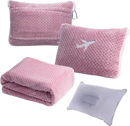 3 in 1 Travel Blanket Pillow Set - 350 GSM Thick Travel Blanket Airplane Compact with Bag, Soft Bag with a Pocket, Inflatable Travel Pillow for Camping & Car Trip(Mint Green)