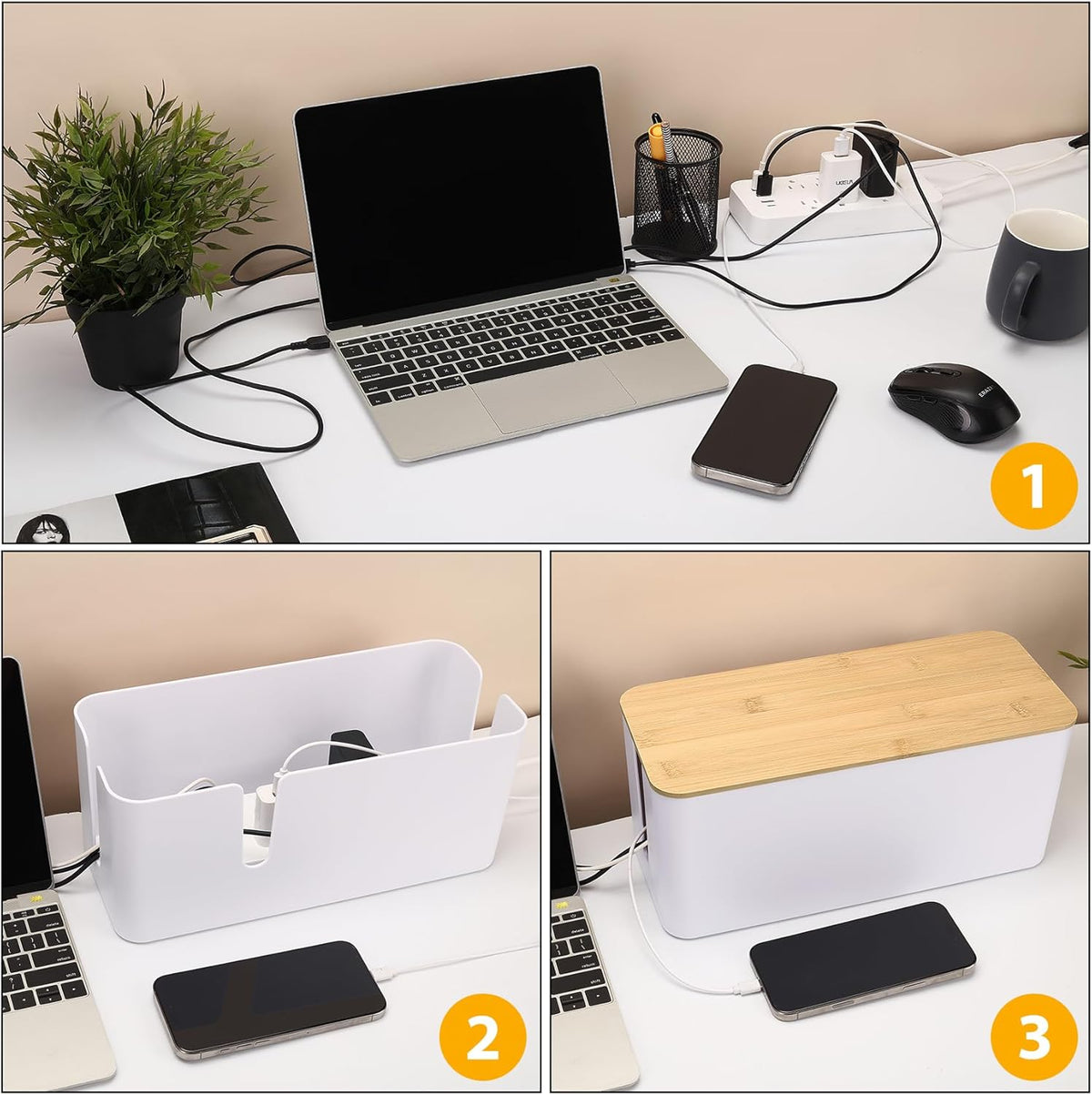 ZhiYo 2 Pack Cable Management Box, Medium & XL, Power Strip Organizer Black