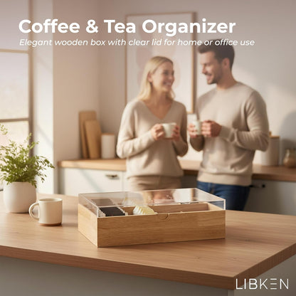 LIBKEN Wooden Tea Bag Organizer Box – 8 Compartment Tea Storage with Clear Lid – Minimalist Scandinavian Design – Versatile Wooden Tea Box for Tea Bags, Jewelry, Crafts, Office & Countertop Storage