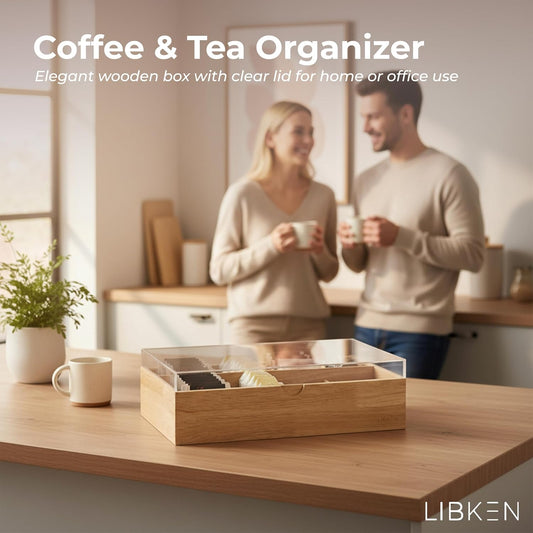 LIBKEN Wooden Tea Bag Organizer Box – 8 Compartment Tea Storage with Clear Lid – Minimalist Scandinavian Design – Versatile Wooden Tea Box for Tea Bags, Jewelry, Crafts, Office & Countertop Storage