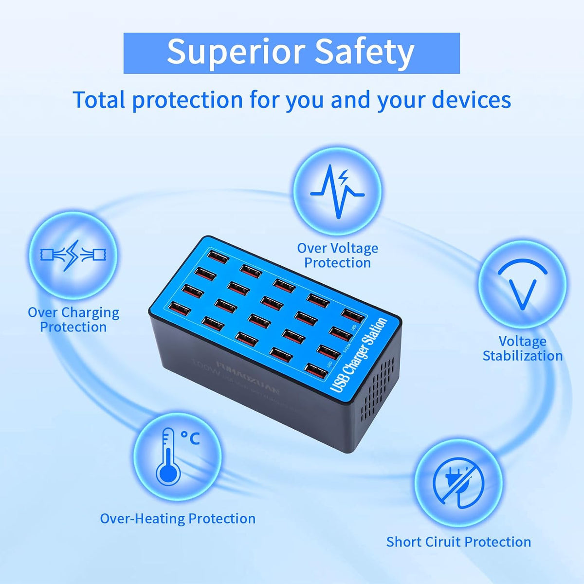 Charging Station, 100W 20-Port USB Multi Device Charger Hub with Intelligent Safety Features, Compact Power Strip for Phones, Watches, Pads, Speakers, Headphones & PS, Ideal for Home Office & Travel