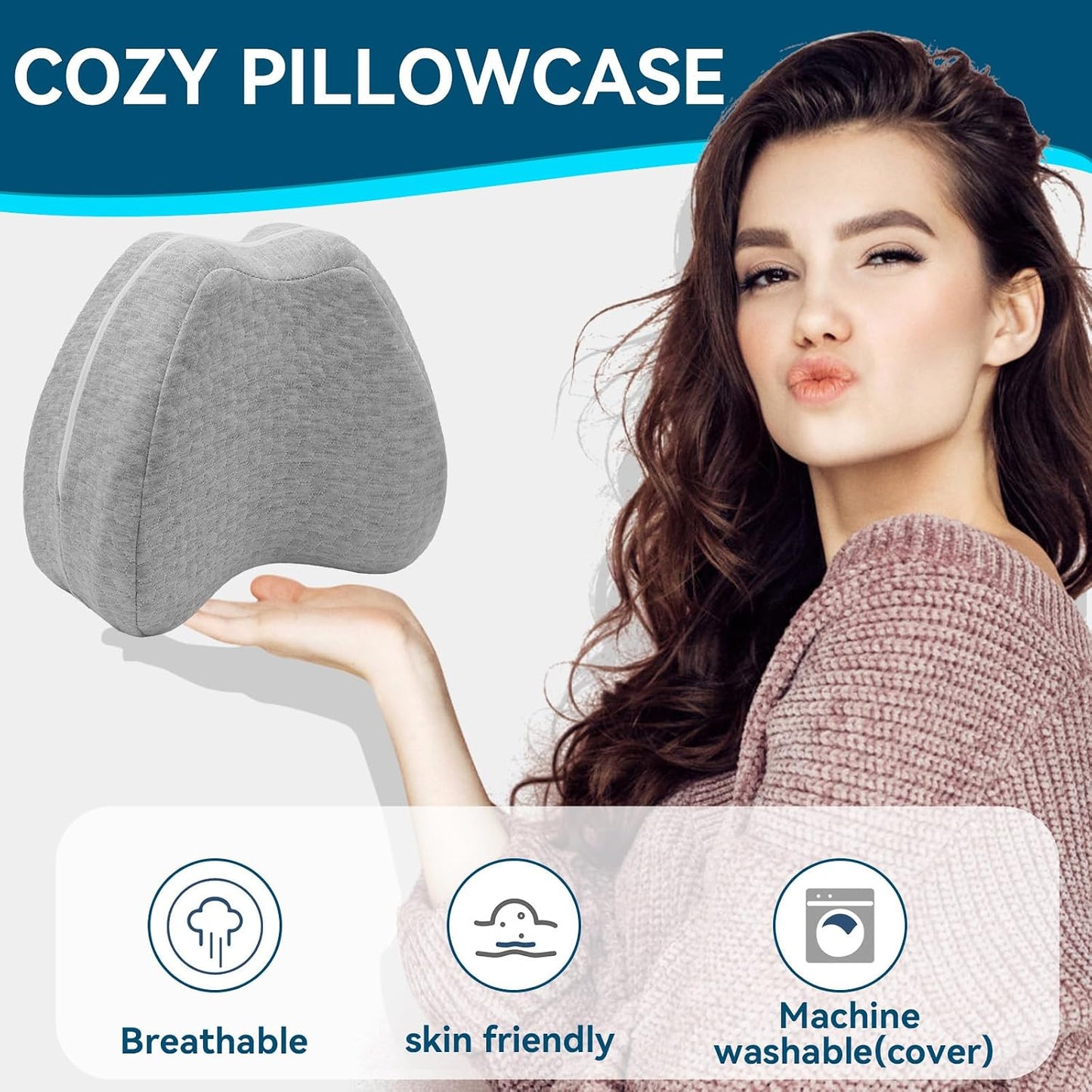 QISHFEN Knee Pillow for Side Sleepers Hip Pain Memory Foam - Leg Pillow for Side Sleeping Back, Sciatica, Knee Pain Relief - Side Sleeper Pillows with Washable Cover (1 Pack)