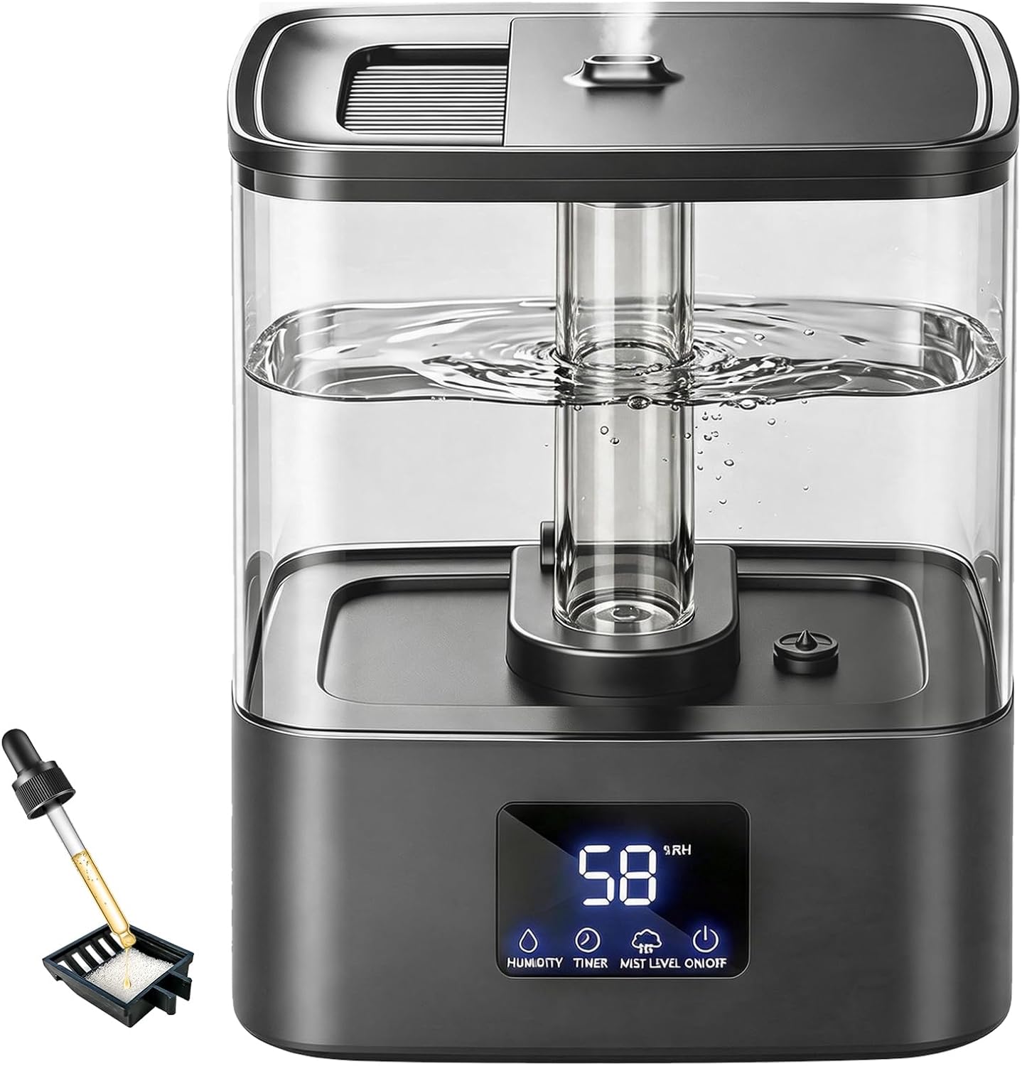 KZF 4L Top Fill Humidifiers for Bedroom & 40H Runtime - Cool Mist Humidifier, 3 Mist Levels, 8H Timer, Essential Oil Tray, Humidity Display, Quiet for Baby, Plants, Large Room (Black, 4, Liters)