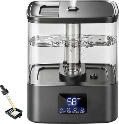 KZF 4L Top Fill Humidifiers for Bedroom & 40H Runtime - Cool Mist Humidifier, 3 Mist Levels, 8H Timer, Essential Oil Tray, Humidity Display, Quiet for Baby, Plants, Large Room (Black, 4, Liters)