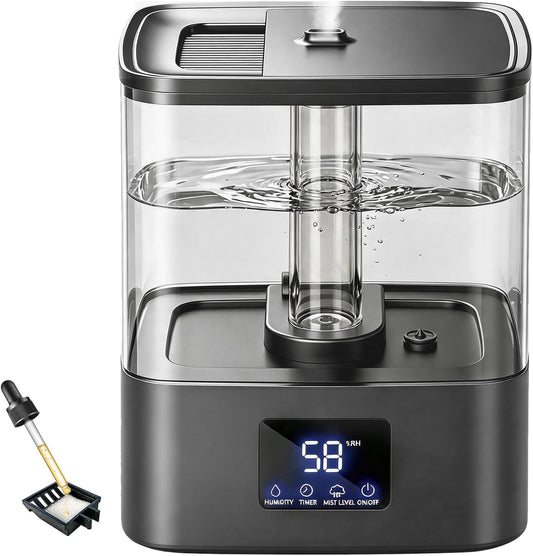 KZF 4L Top Fill Humidifiers for Bedroom & 40H Runtime - Cool Mist Humidifier, 3 Mist Levels, 8H Timer, Essential Oil Tray, Humidity Display, Quiet for Baby, Plants, Large Room (Black, 4, Liters)