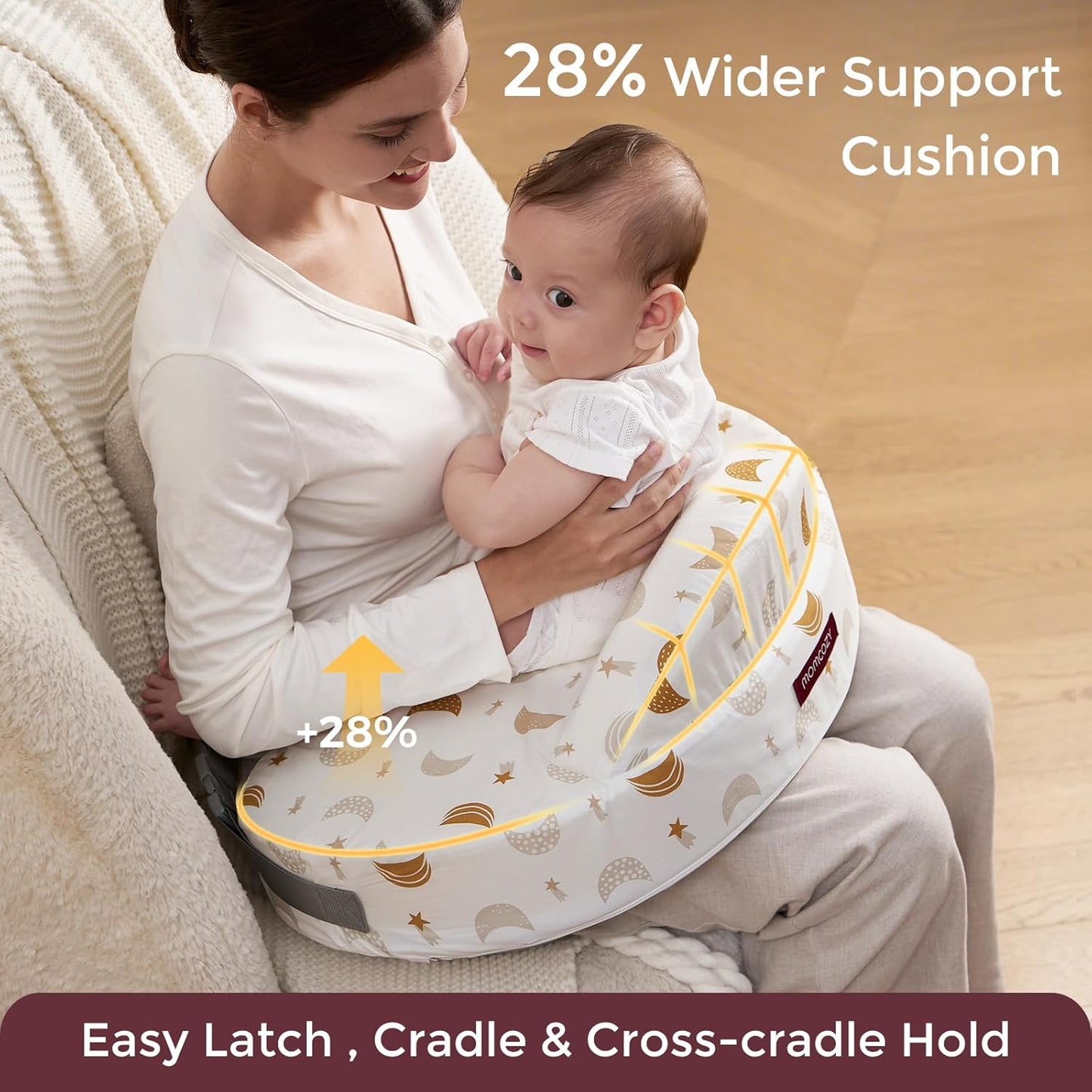 Momcozy CozyPro Nursing Pillow - All Around Lumbar & Arm Support - Safety Guard, Firm & Springy Memory Foam-Stable, Ergonomic Support, Easier Breastfeeding, Wider Cushion, Adjustable, Removable Cover