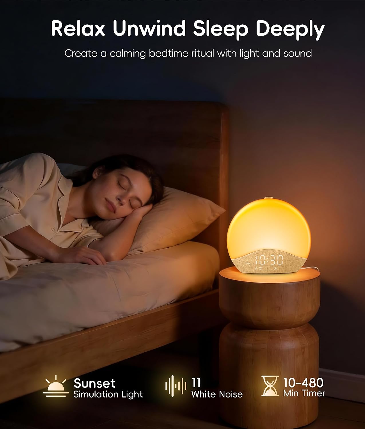 ecozy Sunrise Alarm Clock, White Noise Sound Machine, Alarm Clock for Bedrooms, 26 Soothing Sounds, 17 Night Lights, Bluetooth Speaker, Sunrise Wake-Up Light for Heavy Sleepers, Adults, Kids