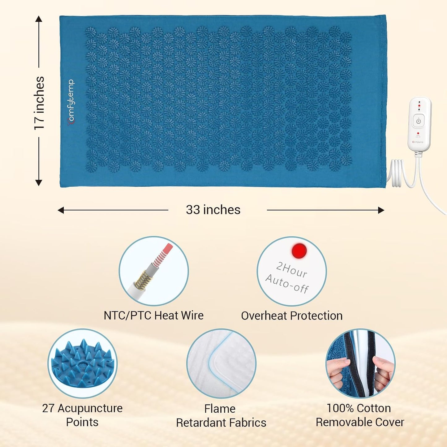 Comfytemp Heated Acupressure Mat for Back, 2 in 1 Large 17"x33" Acupuncture Massager, FSA Eligible, HSA Approve Heating Pad to Relax Leg Muscle Tension/Stress/Foot Comfort, Similar to Acupuncture