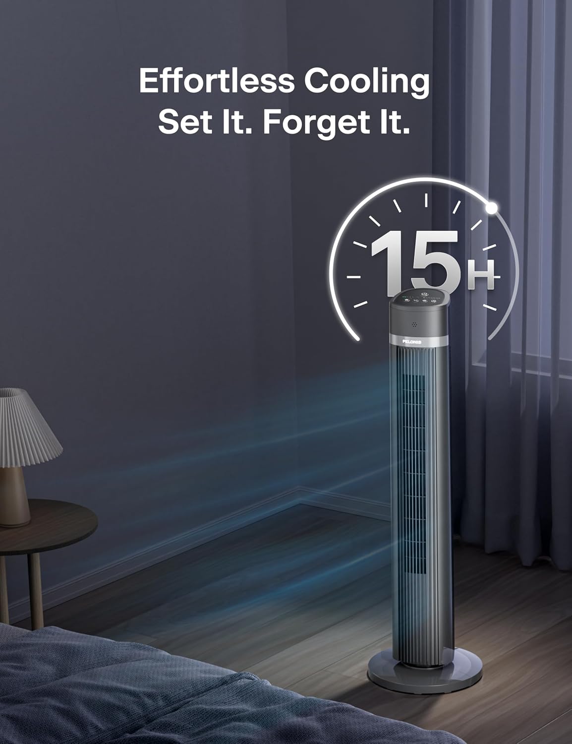 PELONIS 40 inch Bladeless Tower Fan for Bedroom, Standing Fan with Remote Control, 26ft/s, 90° Oscillation, 3 Speed Settings, 27dB, 3 Modes, 15-Hour Timer, LED Display, Fan that Blows Cold Air, White