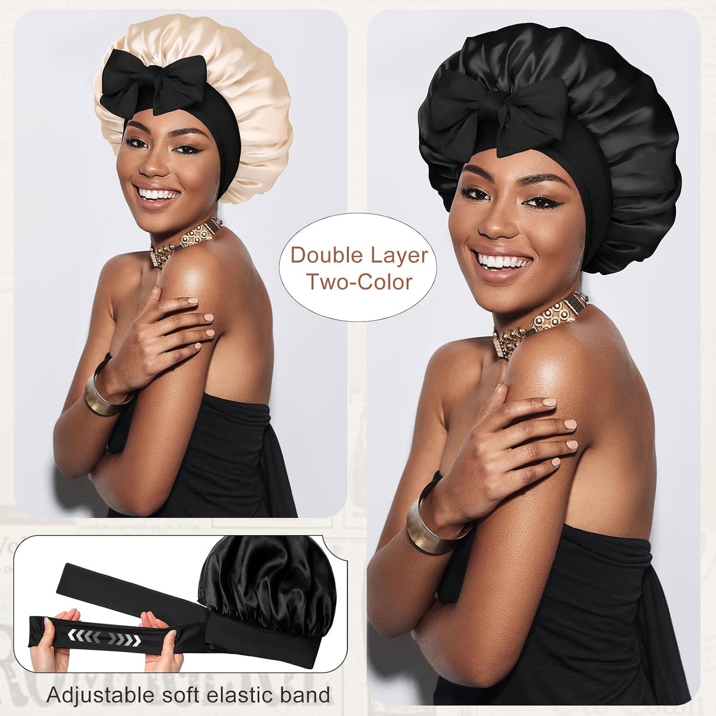Satin Bonnet for Sleeping Cap Double Layer Hair Bonnet with Elastic Tie Band for Curly Hair Night Cap (Bean Paste + Pink)
