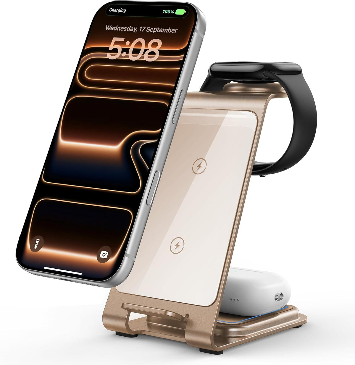 Intoval Aluminum 3 in 1 Wireless Charging Station for iPhone 17 16 15 14 13 12 11 Pro Max XR, Wireless Charger for Apple Watch 11 10 9 8 7 Ultra SE 3 2, Phone Charger for AirPods 4 Pro 2 3 (Grey)