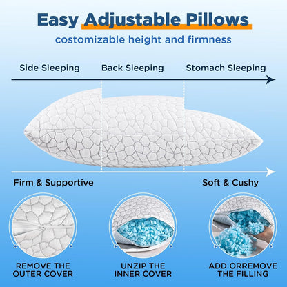 SUPA MODERN Cooling Pillow Queen Size Set of 2, CertiPUR-US Shredded Memory Foam Pillows for Sleeping, Cool Bed Pillows for Hot Sleepers, Adjustable Firm Pillow for Side,Back,Stomach Sleepers
