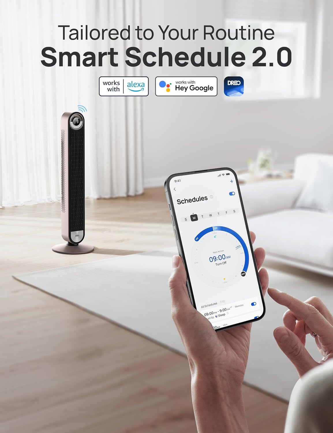 DREO Tower Fan for Bedroom, Upgraded DC 9 Speeds 20dB Ultra-Quiet Floor Fan, 90° Oscillating Fans with 28ft/s Velocity, 12H Timer, Standing Fan, Bladeless Fan Powerful for Home, Black
