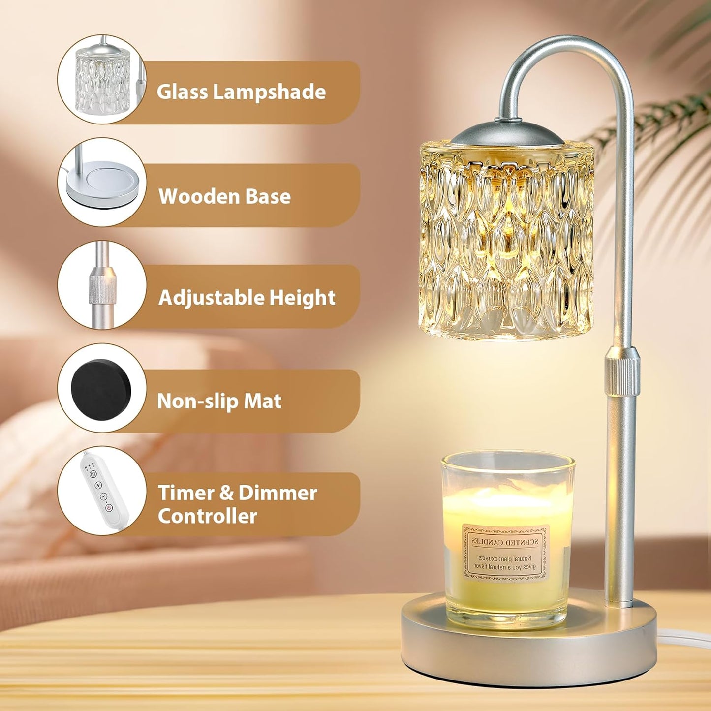 Briever Dimmable Candle Warmer Lamp with Timer, Height Adjustable Electric Candle Wax Warmer, Christmas Birthday Gifts for Women Mom, House Warming Gifts New Home Room Decor, Walnut Solid Wood Base