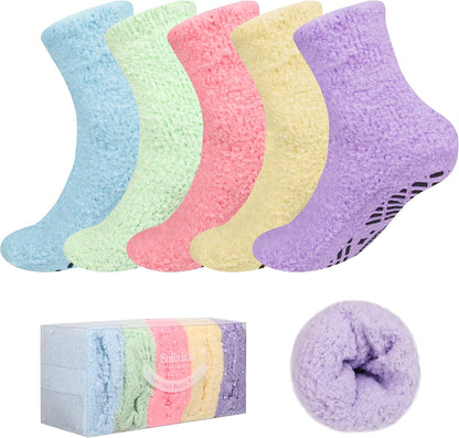 Bulinlulu Fuzzy Socks With Grips for Women, 5 Pairs Non Slip Sleep Warm Fluffy Slipper Socks Gifts for Women