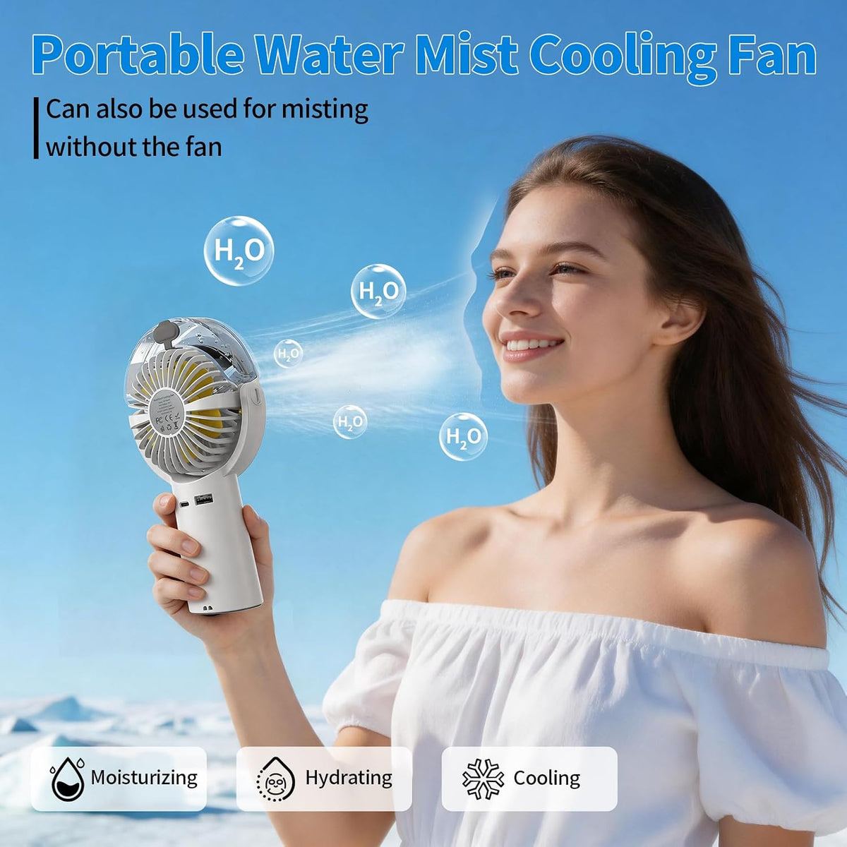 BQSS Handheld Misting Fan Portable for Travel Home Office Outdoor, White