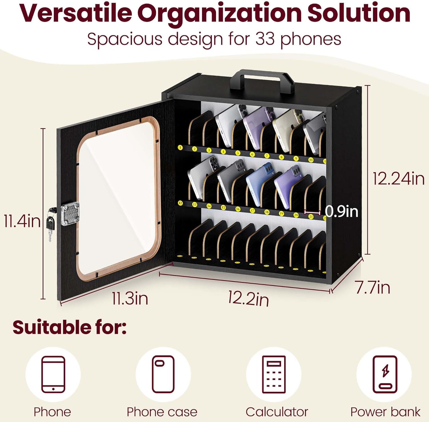 Cell Phone Caddy for Classroom, Adjustable 33 Slots Phone Locker Box for School Home Office Management Easy Assembly Wooden Cellphone Storage Cabinet for Teacher