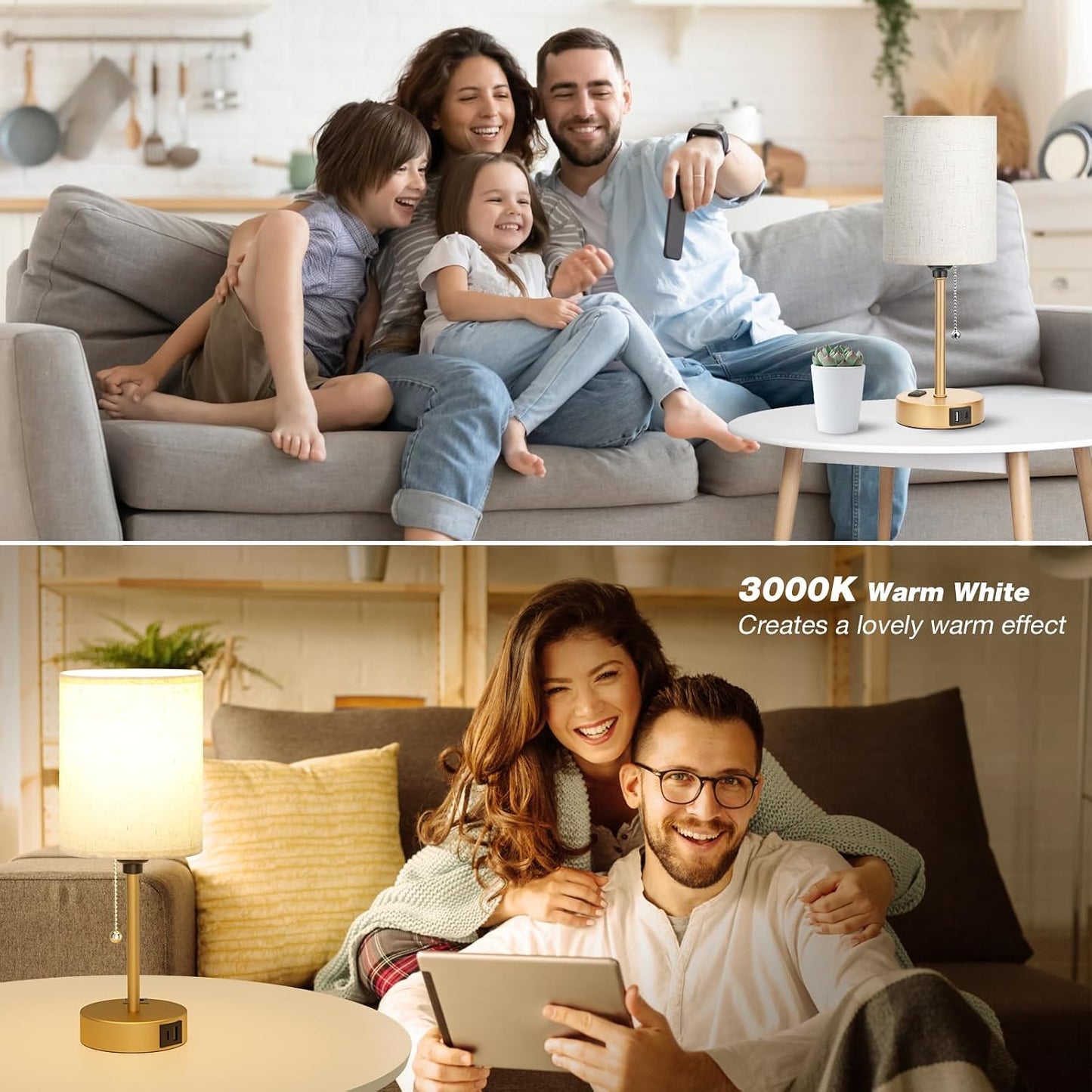 Small Bedside Table lamp for Bedroom - 3 Color Temperatures Bedside Lamps with USB C and A Ports, Pull Chain Table Lamps with AC Outlet, White Nightstand Lamps with Black Metal Base for Kids Reading