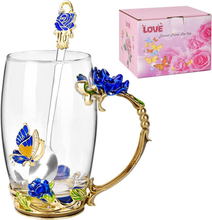 Enamel Glass Flower Tea Pot With Removable Loose Tea Leaf Infuser Tea Maker Teapot Set 30.4OZ Gifts for Women,Mom,Birthday