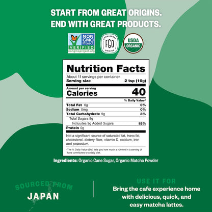 FGO Organic Matcha Latte Powder, 16 Ounce Bulk Resealable Bag, Japanese Matcha with Organic Cane Sugar, Lightly Sweetened, Packaging May Vary (Pack of 1)