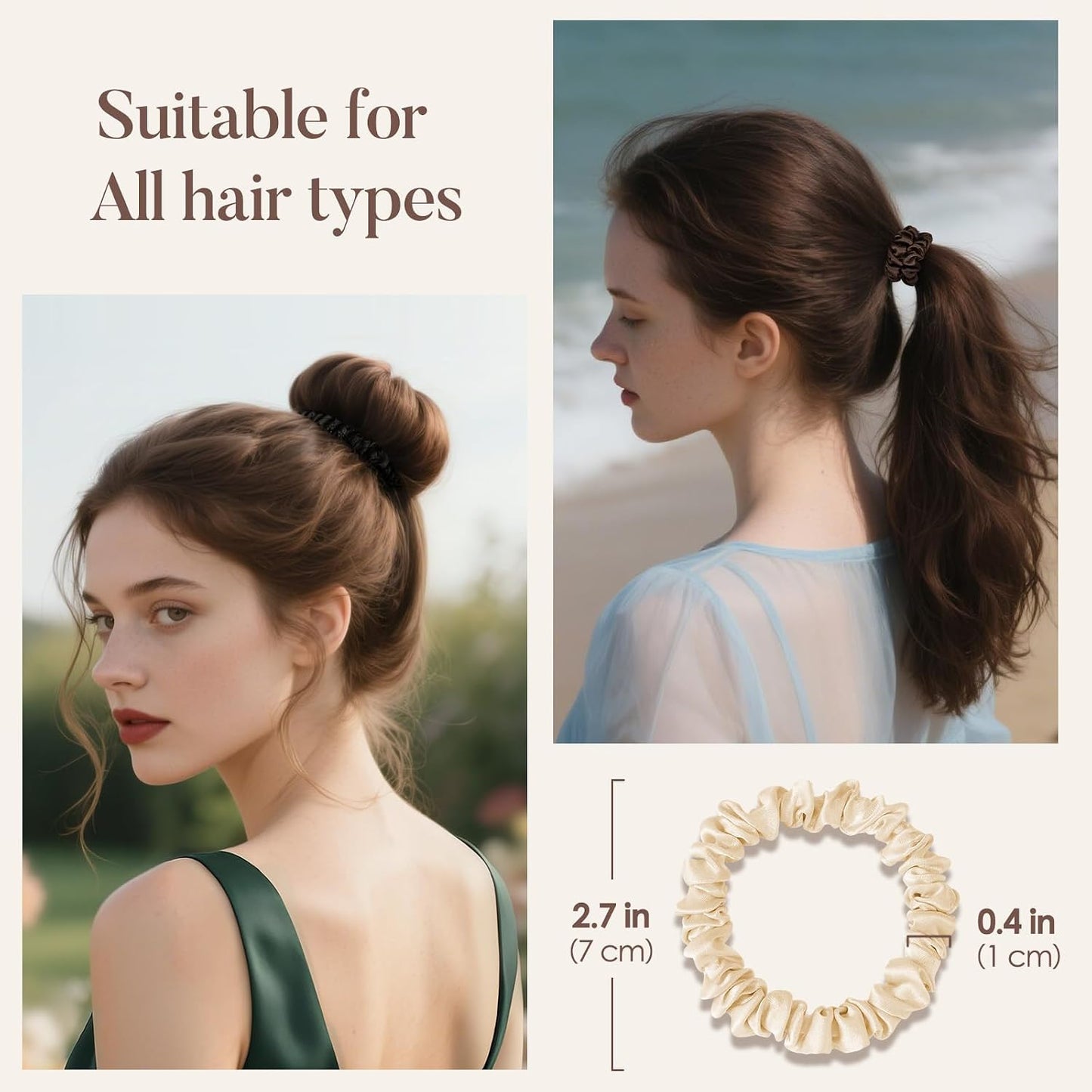 LULUSILK Small Silk Hair Ties No Damage, 100% Real Mulberry Silk, Skinny Scrunchies Ponytail Holders for Thin Fine Hair, Brown, Pack of 3