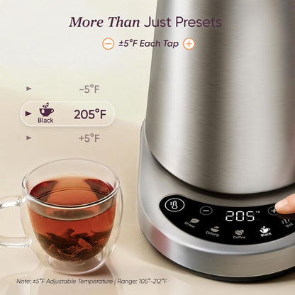 Cosori Electric Kettle, Plastic-Free Interior, 5 Presets ±5℉ Temperature Control, Fast Boiling, 2 Lid Opening, 60Min Keep Warm, Stainless Steel Tea Kettle for Tea, Hot Water, Boil Water, Coffee, 1.7L