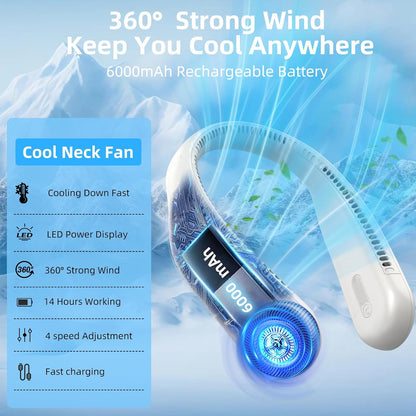 Portable Neck Fan, Personal Wearable Bladeless Fan, 6000mAh USB Rechargeable, 360° Airflow, LED Display, 4-Speeds, Hands Free Fan for Outdoor Indoor, Birthday Gifts for Men Women Dad Mom (Black)