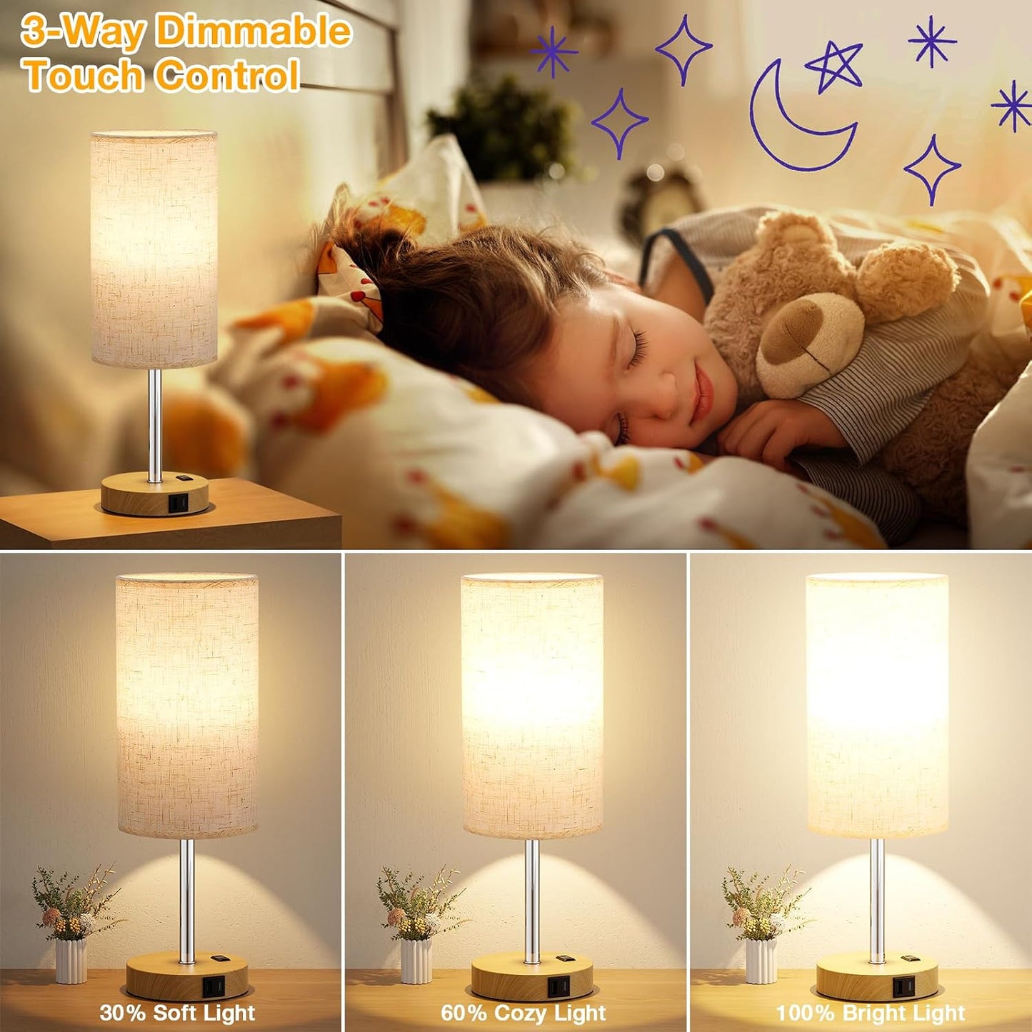 Dicoool Touch Bedside Table Lamp with USB - 3 Way Dimmable Wood Lamp for Bedroom Nightstand, Desk Lamp with Charging Station for Dorm, Living Room, Office, Kids Room, Small, 14in