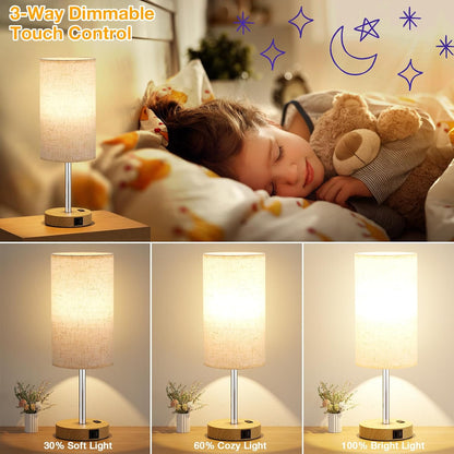 Dicoool Touch Bedside Table Lamp with USB - 3 Way Dimmable Wood Lamp for Bedroom Nightstand, Desk Lamp with Charging Station for Dorm, Living Room, Office, Kids Room, Small, 14in