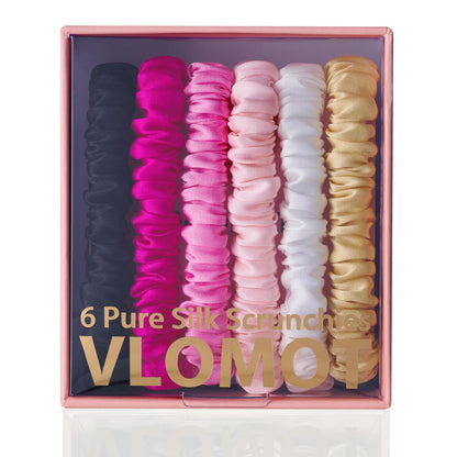 VLOMOT 6 Pcs Set 100% Pure Mulberry Silk Hair Scrunchies - 6 Chic Colors Everyday Skinny Scrunchies Silk Ponytail Holders - No Damage (Purple)