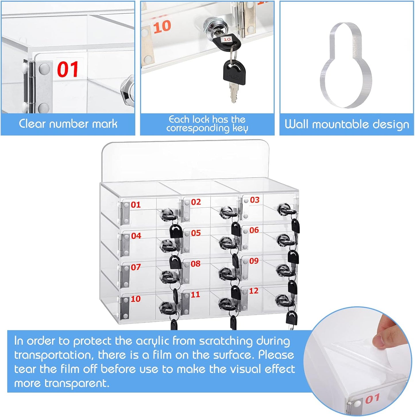 Threan 12 Slot Cell Phone Storage Box, Acrylic Clear Cell Phone Storage Cabinet Wall Mounted with Door, Locks and Keys for Office School Factory