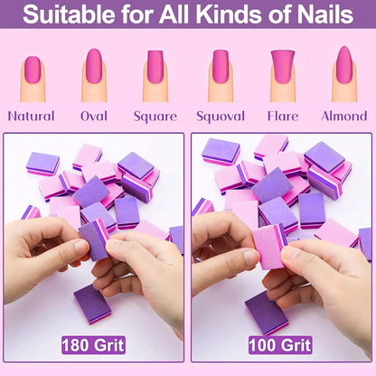 CGBE Nail Buffer (50 Pack), Buffer Block Nail File 100/180 Grit, Mini Nail Buffers Block Sponge Double Sided Nail File for Acrylic Nails Manicure Tools (Pink-Purple)