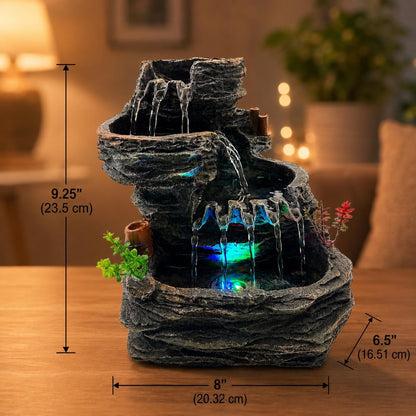 Indoor Tabletop Water Fountain with LED Light, Resin Rock-Look Waterfall Decor, Feng Shui Inspired Zen Fountain for Desk, Office, Bedroom, Living Room & Meditation Space (9" Cascading Rock)