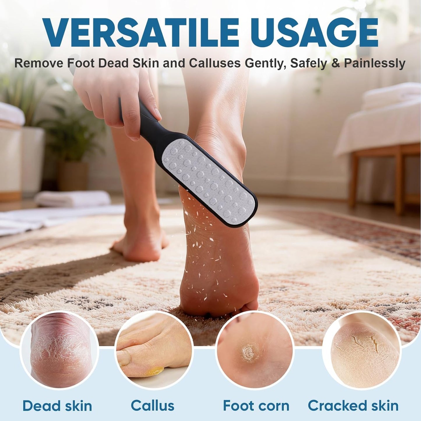 TEAWOO Double Sided Foot File and Callus Remover, Stainless Steel Waterproof Foot Scraper and Foot Rasp for Dead Skin & Hard Heels, 2-in-1 Pedicure Tools for At Home Foot Care