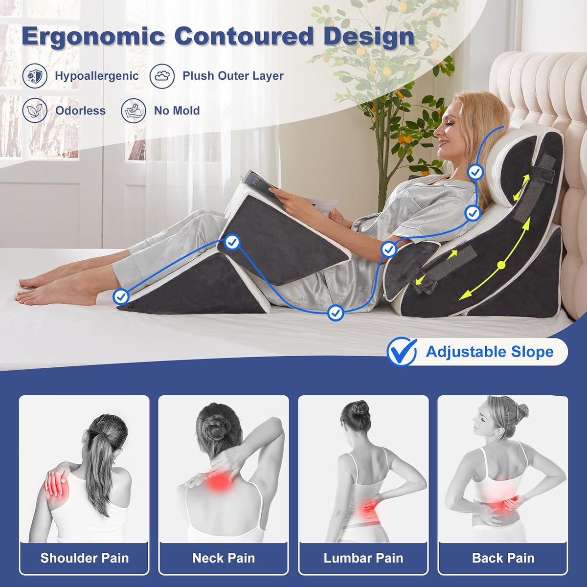 4PCS Orthopedic Bed Wedge Pillow Set for Sleeping, Post Surgery Foam Support Pillows for Back, Neck and Leg Pain Relief, Adjustable Triangle Pillow – Acid Reflux, GERD & Snoring Recovery, White Grey