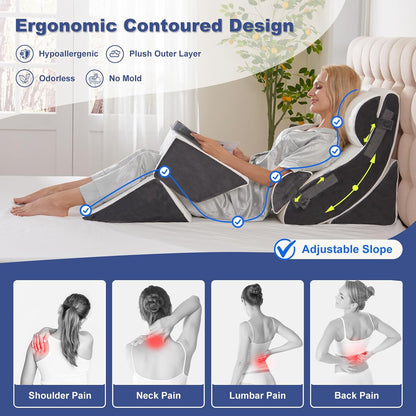 4PCS Orthopedic Bed Wedge Pillow Set for Sleeping, Post Surgery Foam Support Pillows for Back, Neck and Leg Pain Relief, Adjustable Triangle Pillow – Acid Reflux, GERD & Snoring Recovery, White Grey