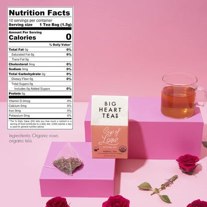 Big Heart Tea Co. Tea Bags - Cup of Love Red Rose - Certified Organic, Floral Ayurvedic Herbal Decaf Tea in Zero Plastic Sachets with Small Batch Ground Herbs, Adaptogenic Tulsi, 2 Boxes - 20 Tea Bags