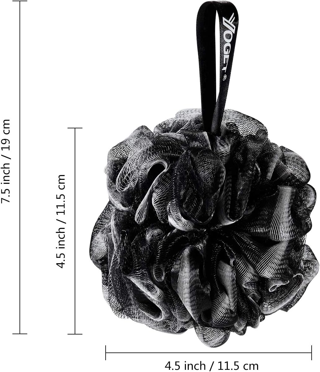 Yoget Bath Loofah Sponge, 4 Pack Black 60G Shower Mesh Ball Soft Pouf Body Scrubber, Exfoliate, Cleanse, Soothe Skin, Black Loofah with White Trim