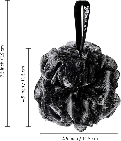 Yoget Bath Loofah Sponge, 4 Pack Black 60G Shower Mesh Ball Soft Pouf Body Scrubber, Exfoliate, Cleanse, Soothe Skin, Black Loofah with White Trim